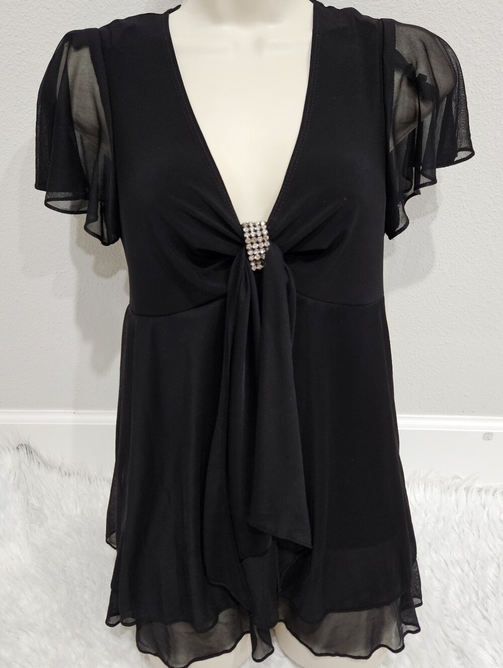 Blu Sage Black V-Neck Flutter Sleeve Top with Rhinestone Accent